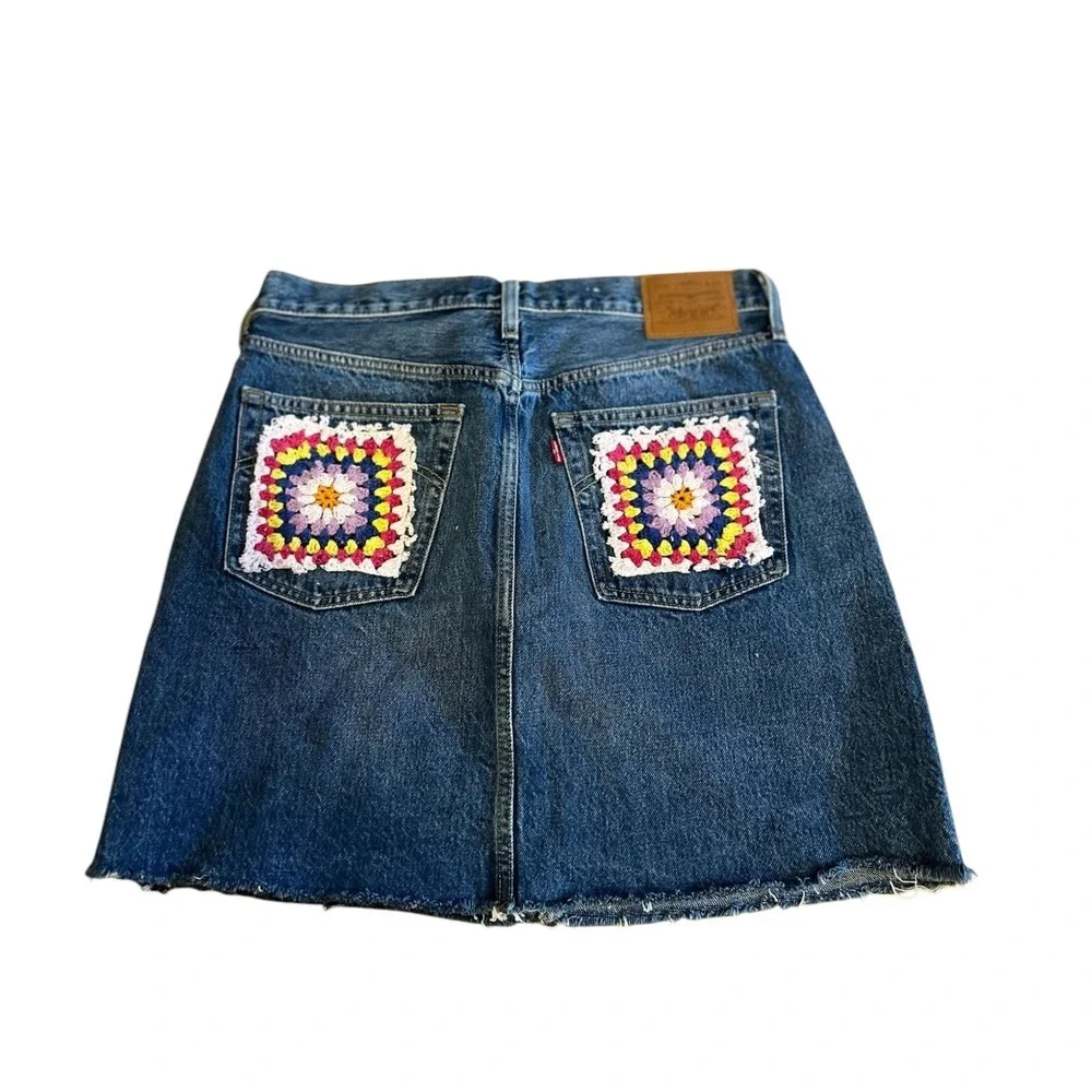 LEVIS‎ DENIM MINI SKIRT CROCHET PATCH UPCYCLED BOHO Y2K DIYSZ 29